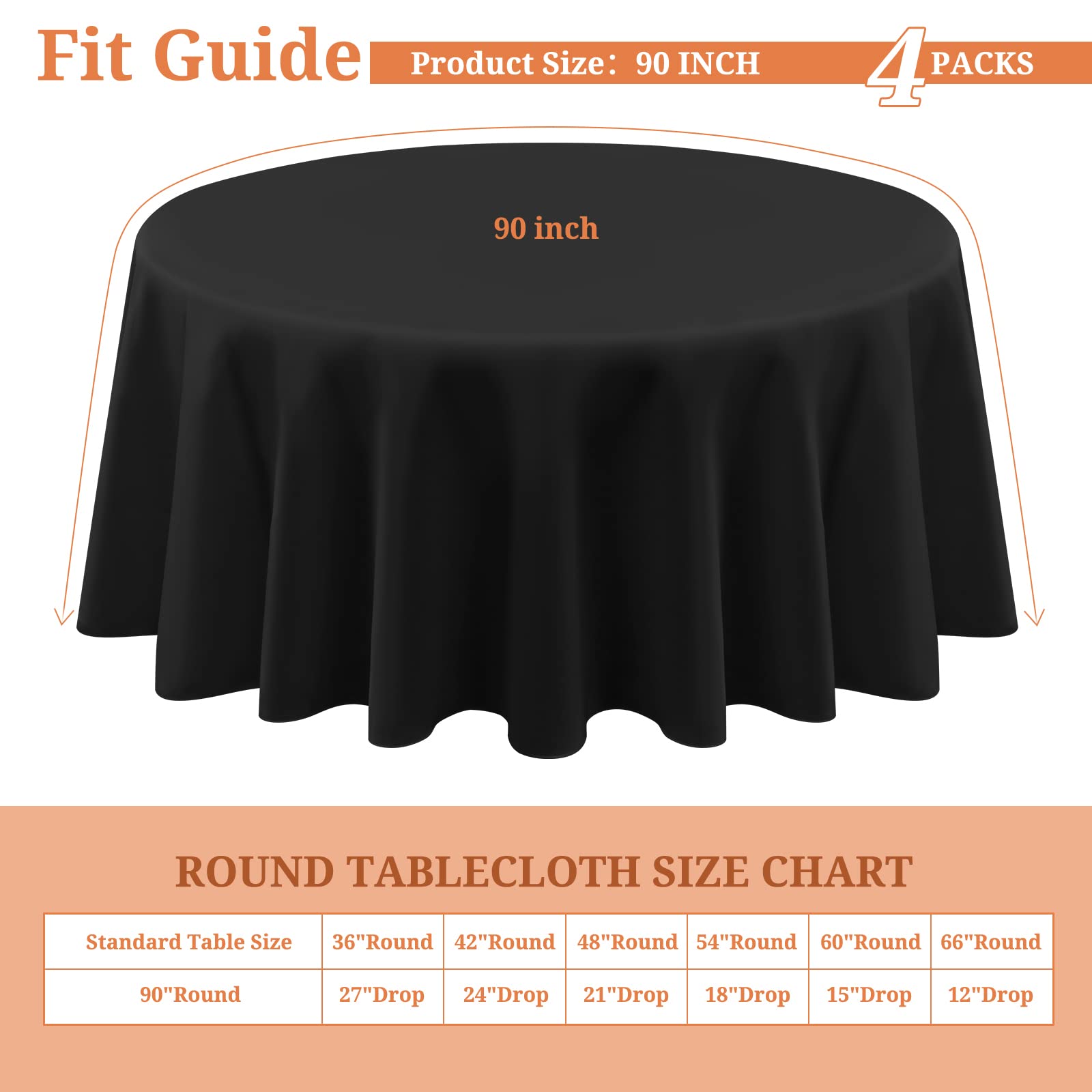 Teruntrue 4 Packs Round Tablecloth Polyester 90 Inches Black Washable Round Table Cloths For Round Tables Stain Resistant Wrinkl