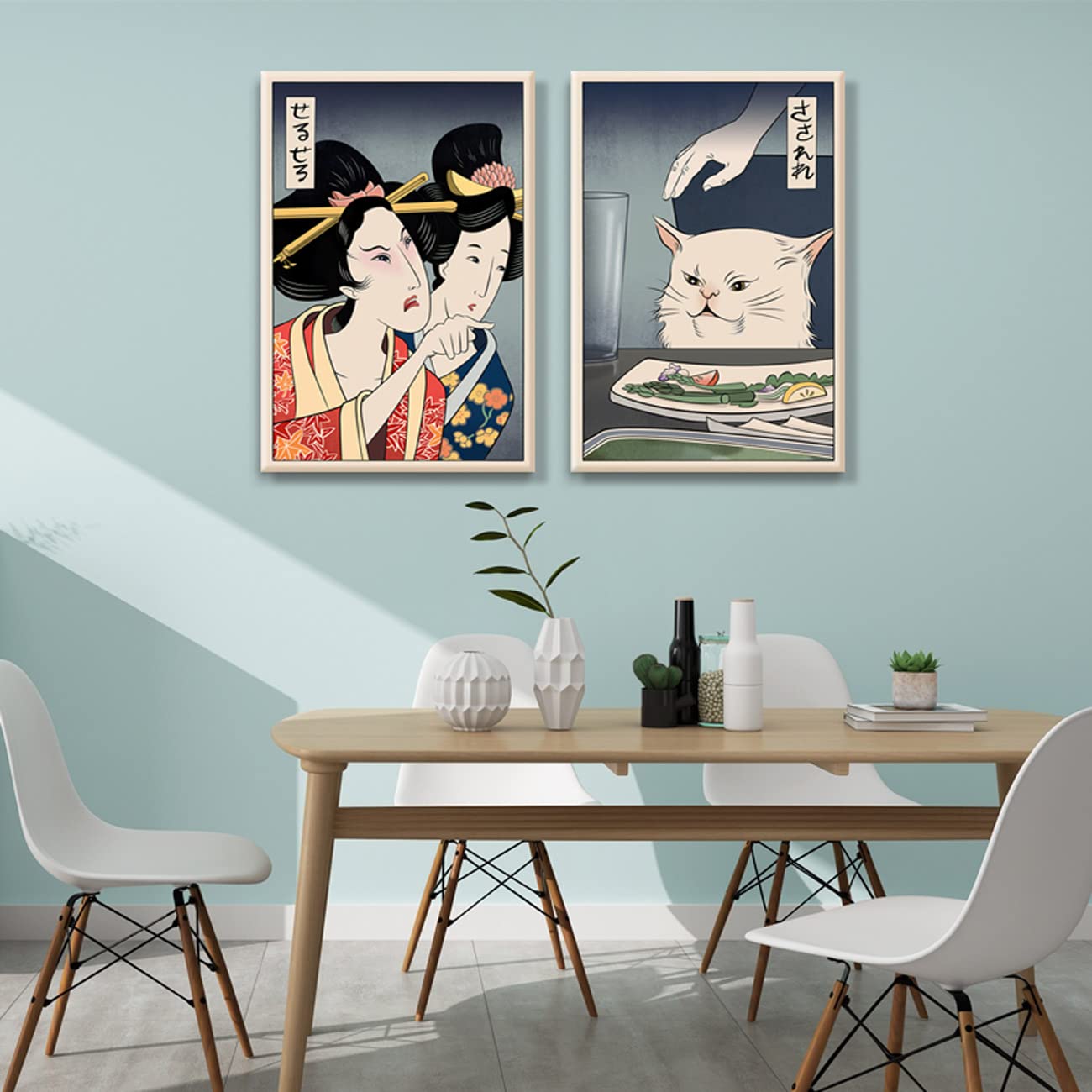 2Pcs Funny Cute Canvas Painting Japanese Woman Yelling At Cat Eating Food Poster Print Vintage Wall Art Meme Picture Dining Room