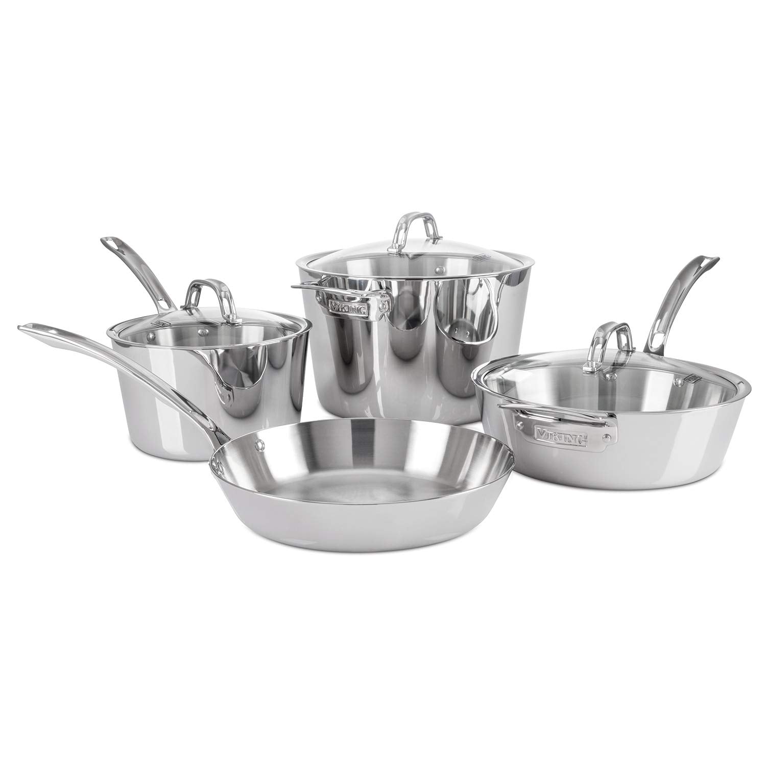 Viking Culinary Contemporary 3-Ply Stainless Steel Cookware Set, 7 Piece, Includes Glass Lids, Pots & Pans, Dishwasher, Oven Saf