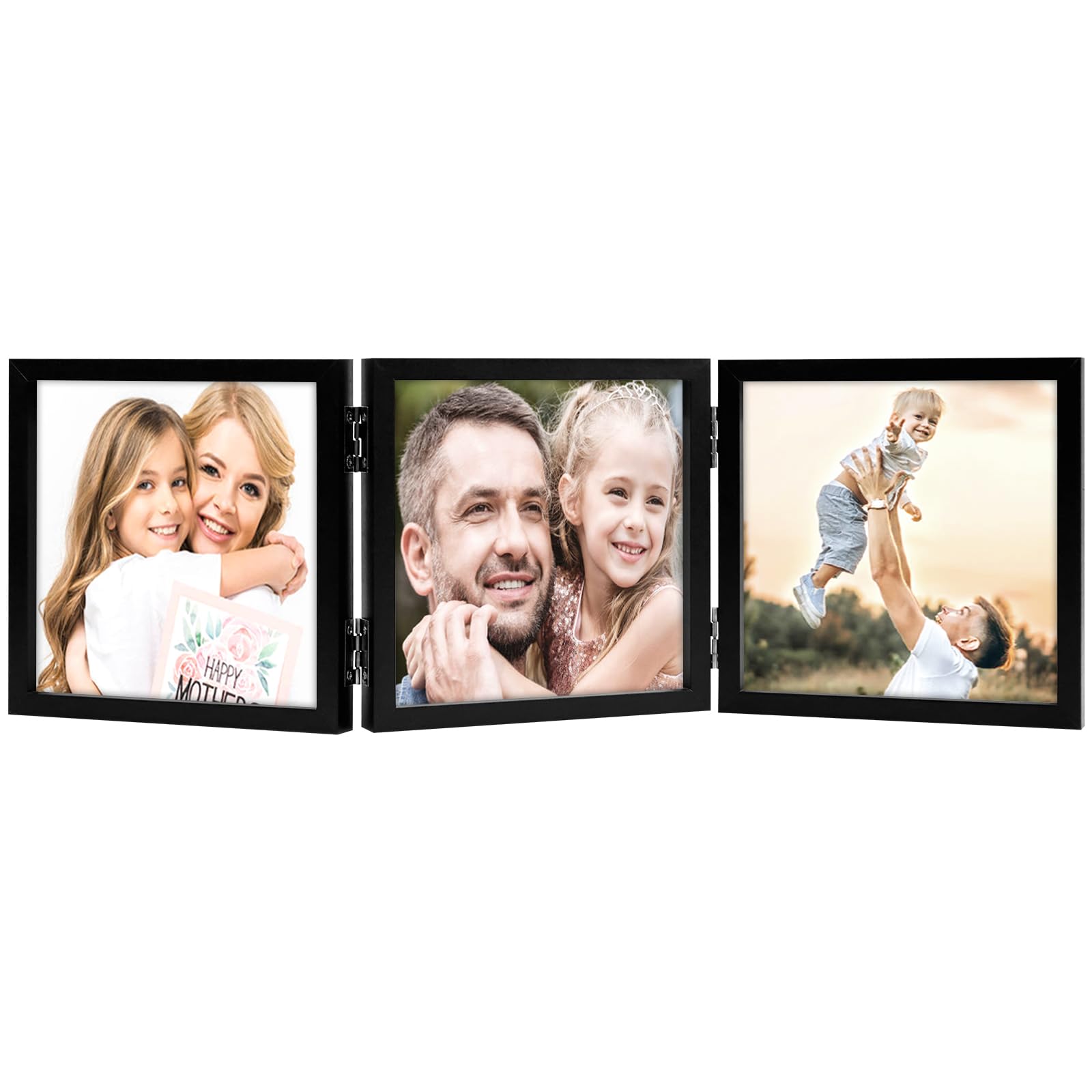 3 Picture Frame 5x5 Black Triple Hinged MDF Wood with Glass Front Three Opening Photo Frame Stand Vertical on Tabletop