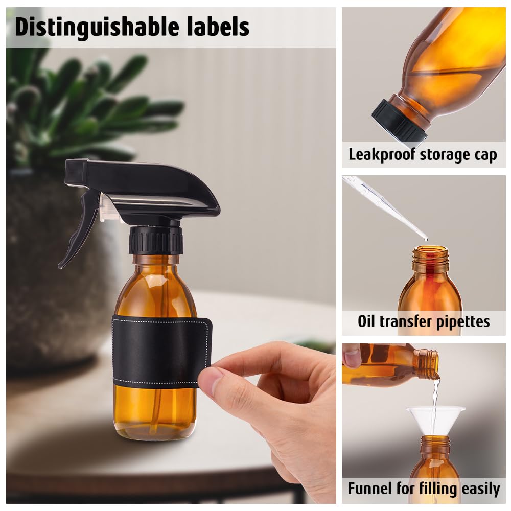 Tecohouse Glass Spray Bottles 4 OZ  Amber Empty Spray Bottle for Essential Oils  Small Glass Bottles for Cleaning Solutions  Plants  with Durable Nozzle  Labels  Funnel  Pipettes