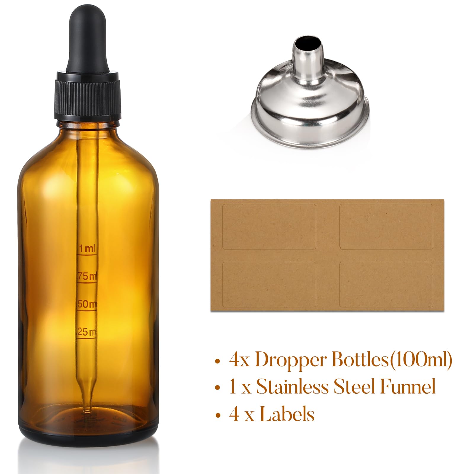 4 Pack 100Ml Glass Dropper Bottles With Measured Dropper - 3.4Oz Dark Amber Tincture Bottles With Graduated Calibrated Glass Eye