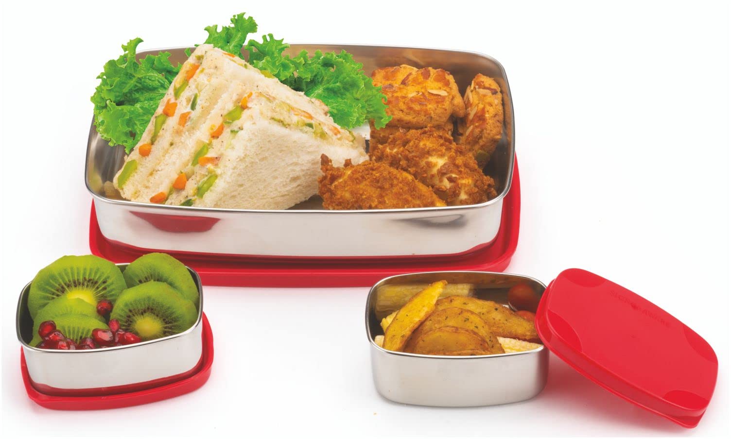 Signoraware Hot Shot Steel Lunch Box, 850Ml+100Ml+100Ml, Set Of 3, Red