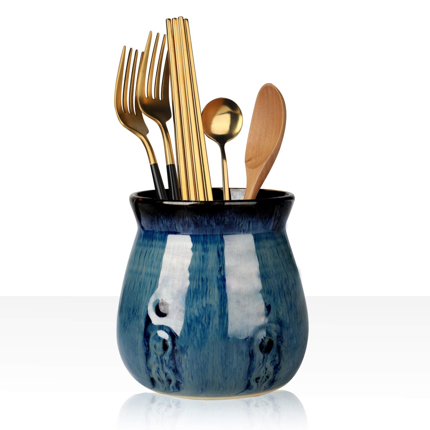 Haotop Ceramic Utensil Holder,Porcelain Utensil Crock Easy To Clean - 30Oz (Gradient Blue)