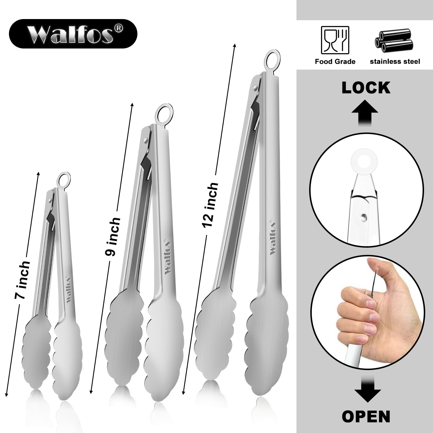 Walfos All Metal Kitchen Tongs for Cooking  BBQ Grilling  600? Heat Resistant Stainless Steel Tongs - Heavy Duty 7  9 and 12 Inch Locking Tongs Set of 3