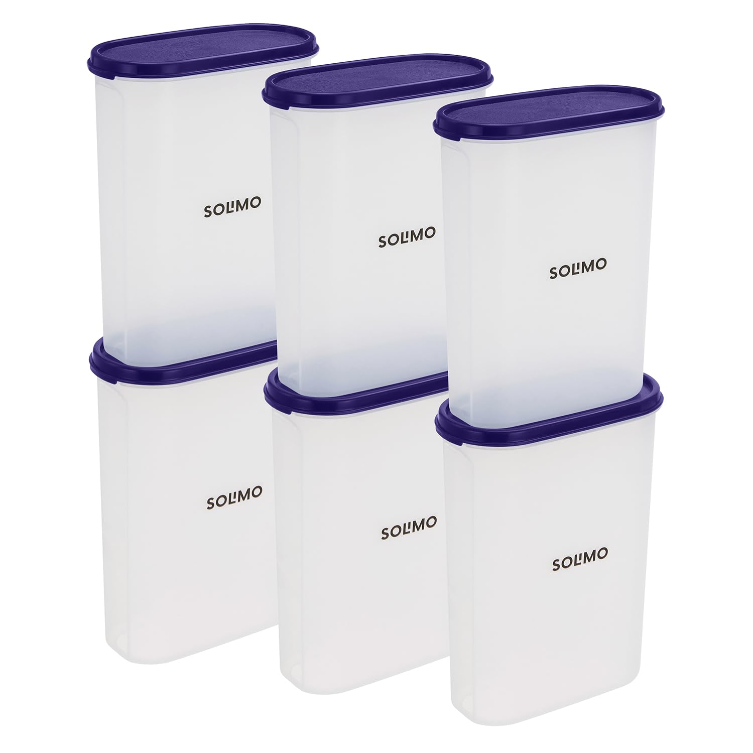 Amazon Brand - Solimo Modular Plastic Storage Containers With Lid | Airtight | Bpa-Free | Set Of 6 | 2.4 L (Blue)