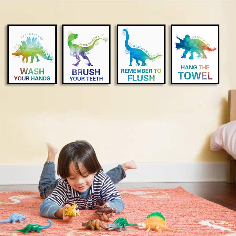 Mimeile Bathroom Wall Cute Dinosaur Art Prints Set Of 4 (8   X10   ), Watercolor Animal Art Posters Quotes Wash Flush Brush Bath