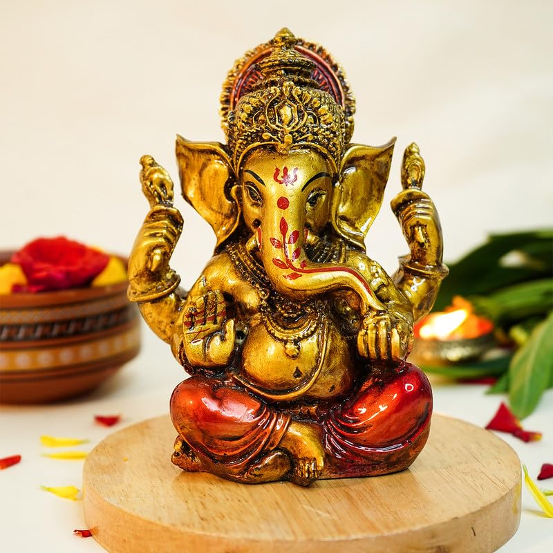 Ekhasa Aura Series Antique Gold Painted Ganesha Idol (5 Inch) | Marble Dust Ganesh Murti For Pooja Room, Home Decor, Office Desk