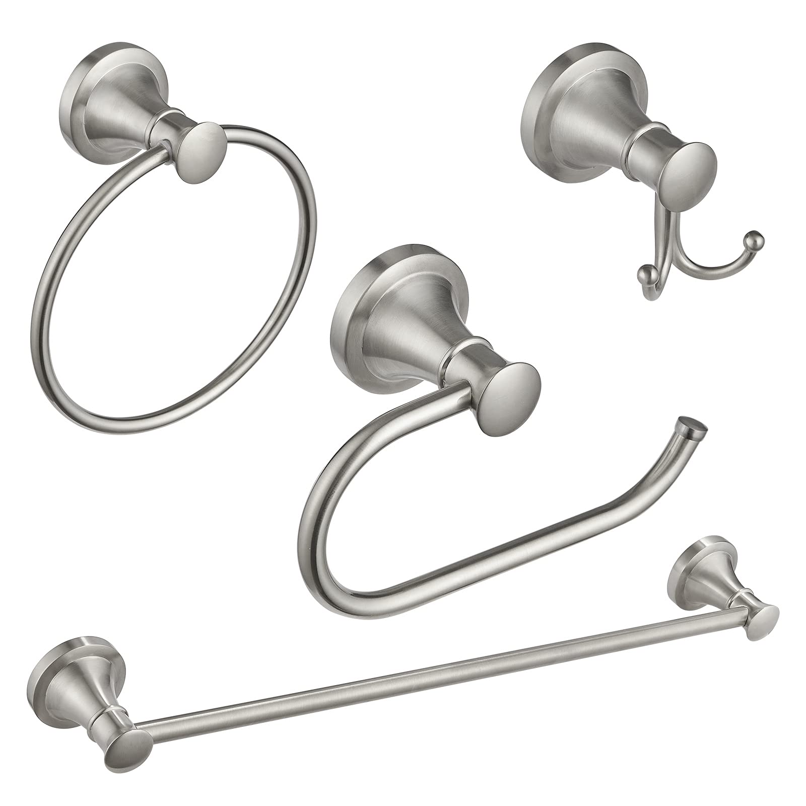 Besy Brushed Nickel 4 Piece Bathroom Accessories Set (Single Towel Bar, Towel Ring, Toilet Paper Holder, Double Towel Hooks), Wa