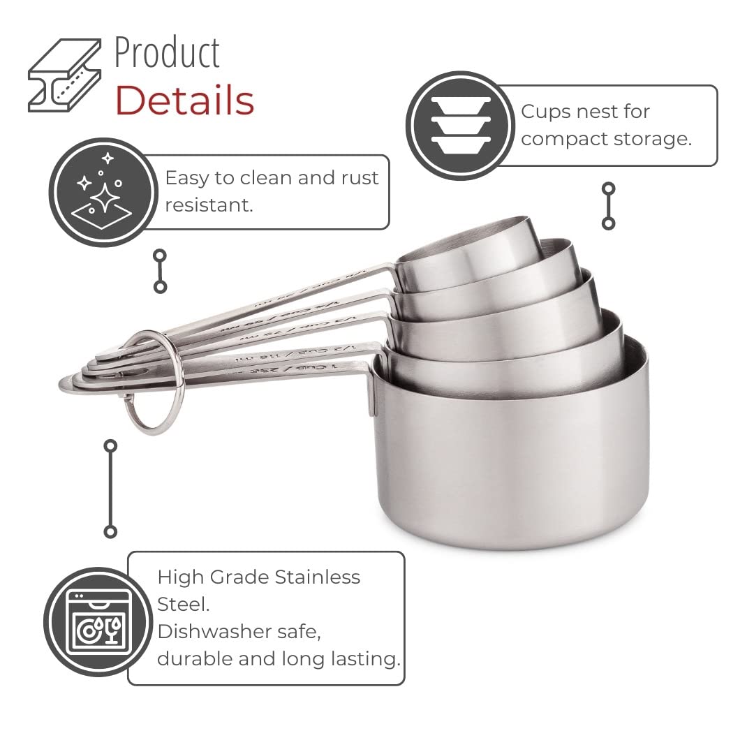 Husmait Stainless Steel Measuring Cups - 5 Piece Heavy Duty Measuring Cup Set With Storage Ring