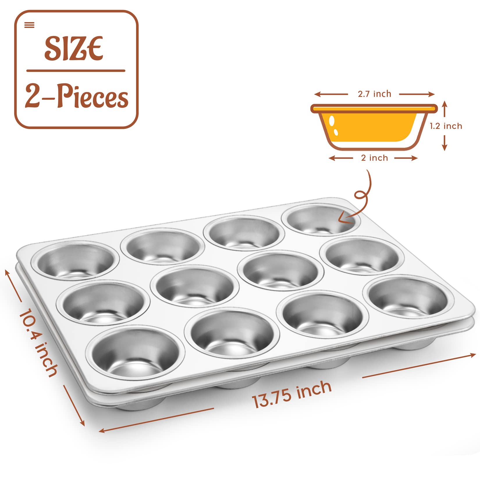P&P Chef Muffin Pan Cupcake Baking Pan Set Of 2, 12 Cups Muffin Tin Tray, Stainless Steel Muffin Pans For Baking Mini Cake Muffi