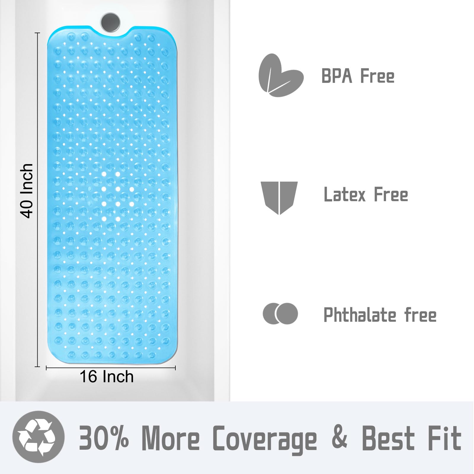 Yimobra Original Bath Tub Shower Mat Extra Long 16 x 40 Inch  Non-Slip with Drain Holes  Suction Cups  Phthalate Free  Latex Free  BPA Free and Machine Washable Large  Bathroom Mats  Clear Blue
