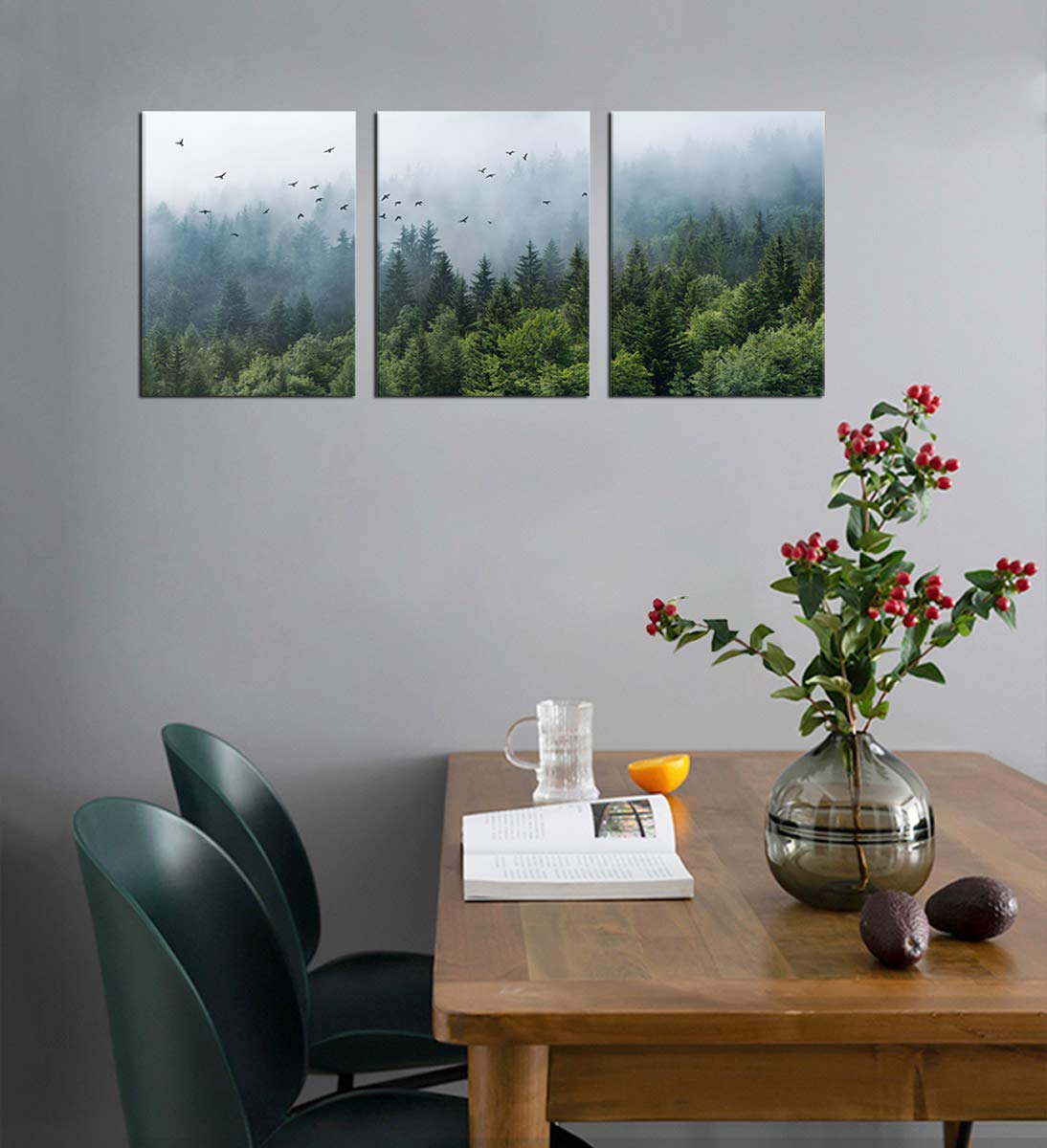 Green Forest Wall Art Tropical Foggy Forest Mountain Bird Contemporary Canvas Pictures Modern Artwork Framed For Bathroom Bedroo