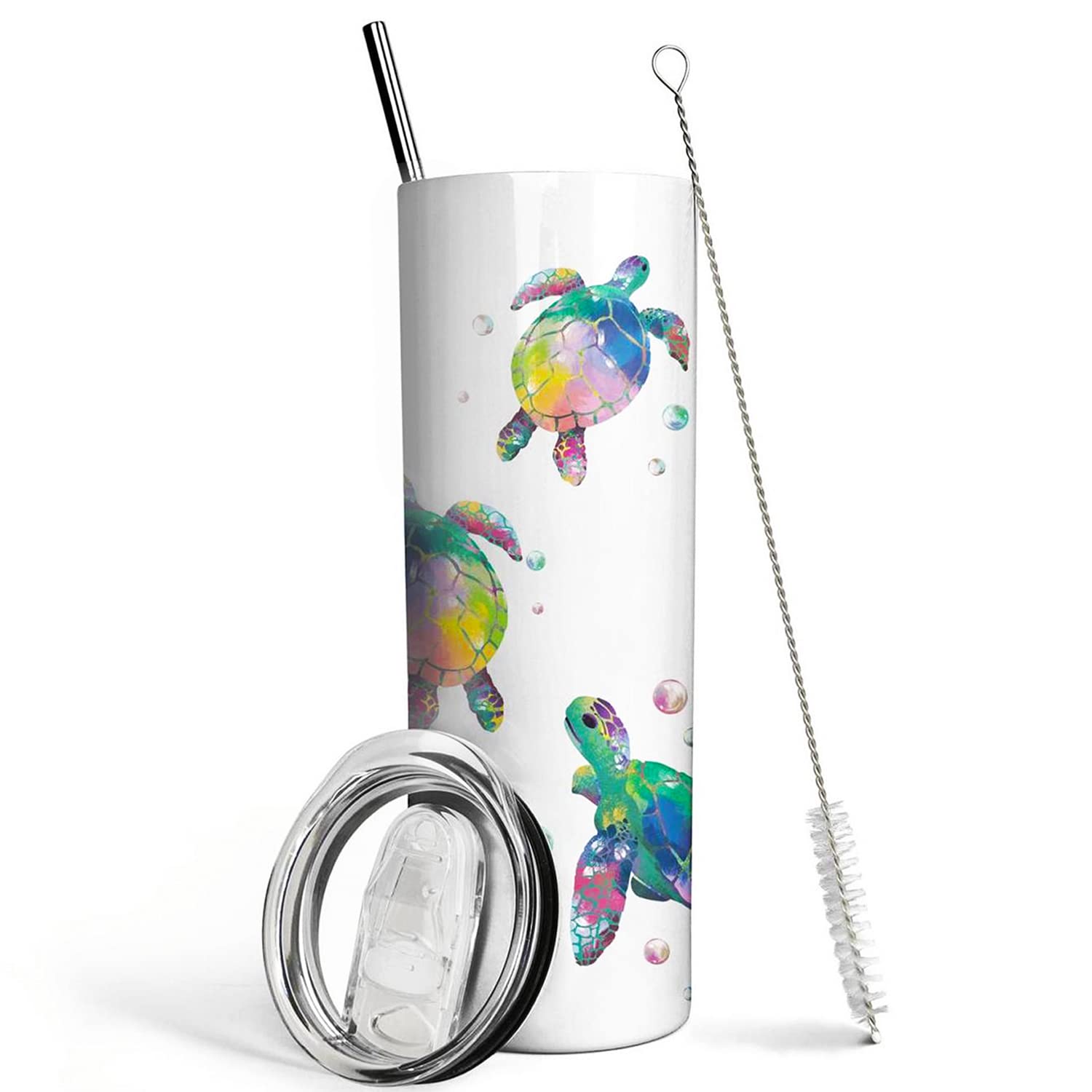 Sea Turtle Gifts - Sea Turtle Tumbler With Lid And Straw - Double Wall Vacuum Stainless Steel 20 Oz Watercolor Ocean Turtle Cup,