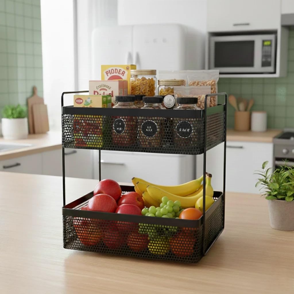 Kitchivo 2Tier Metal Square Kitchen Rack Stand Organiser | Countertop Organizer Kitchen Bathroom Spice, Oil, Masala, Cosmetic &
