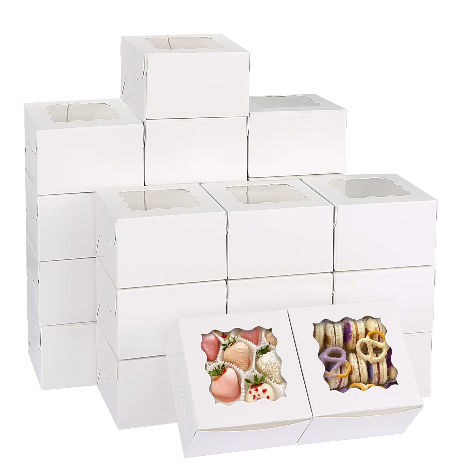 Moretoes 120pcs White Bakery Boxes, 4x4x2.5 Inch Cookie Boxes with Window for Small Cake, Treats, Donuts, Candy
