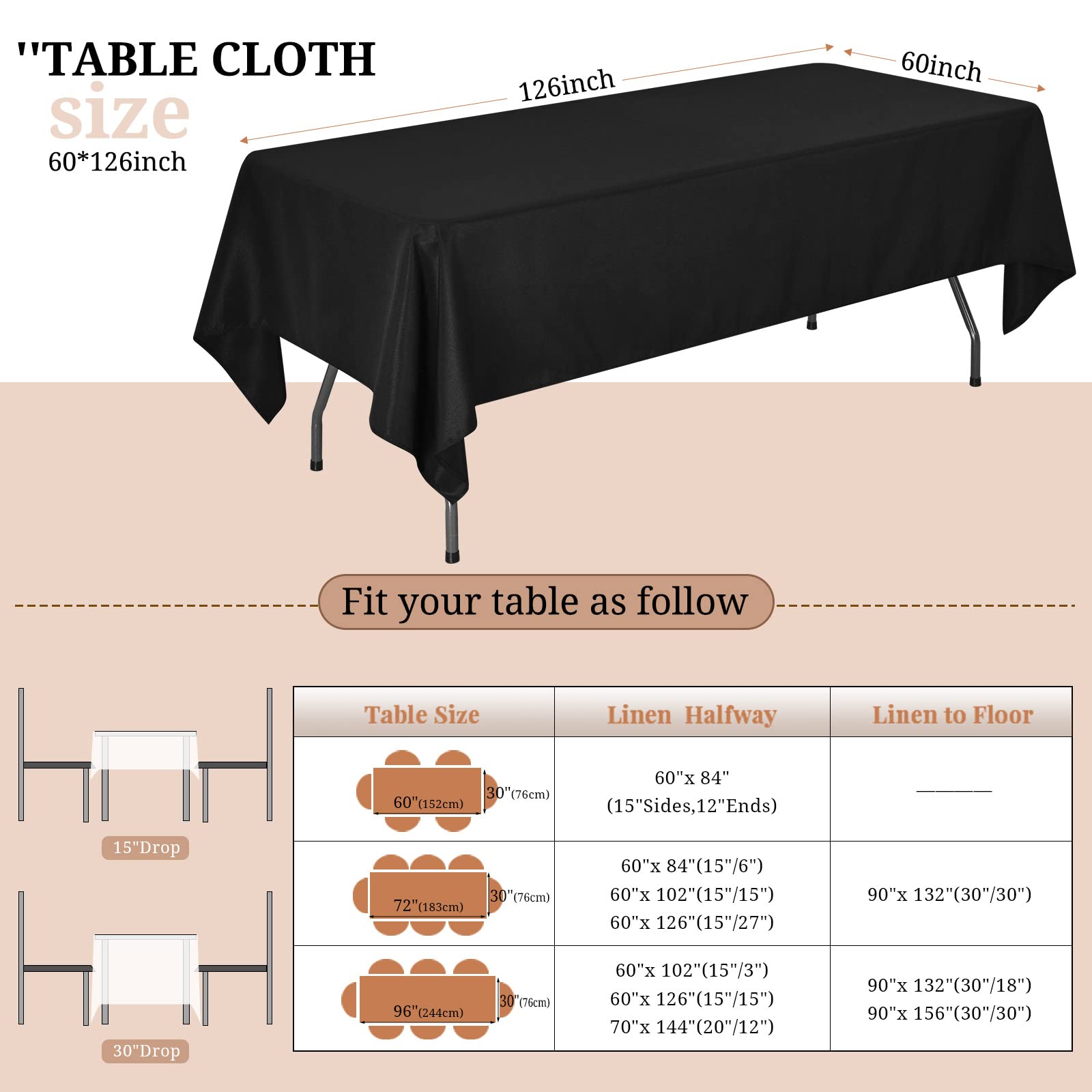Pesonlook 6Pack Black Polyester Tablecloths 60 X 126 Inch For 8Ft Rectangle Tables Polyester Table Cover Stain And Wrinkle Resis