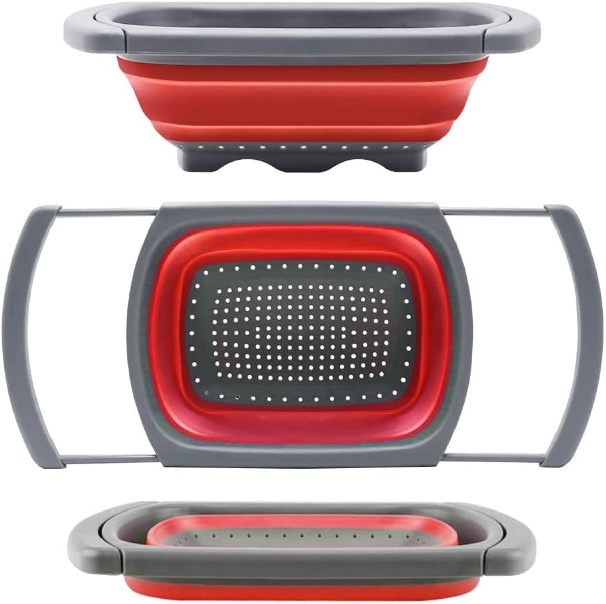 Collapsible Colander, Red Food Strainer Over The Sink Colanders Strainers With Extendable Handles, 6-Quart, Dishwasher-Safe Kitc
