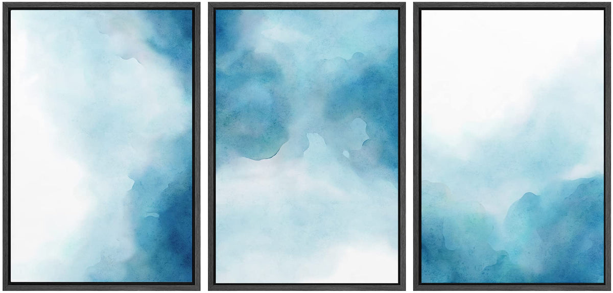 Signwin Framed Canvas Print Wall Art Set Vibrant Blue Pastel Paint Stroke Landscape Collage Abstract Shapes Illustrations Modern