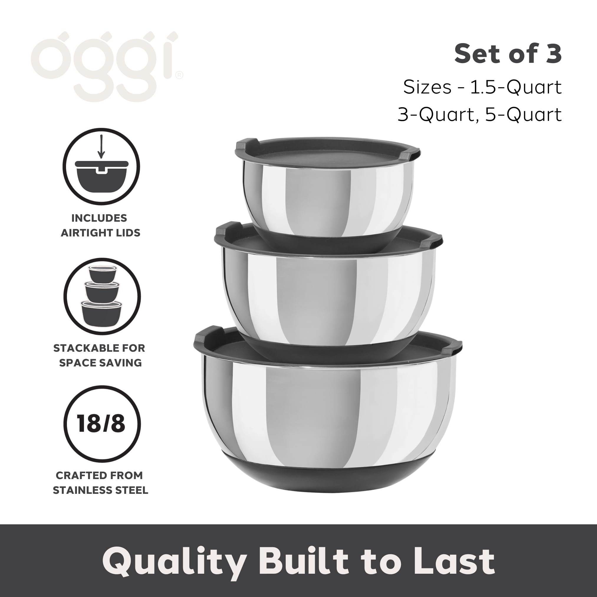 Oggi Stainless Steel 3-Piece Bowl Set With Lids, (7287.0)