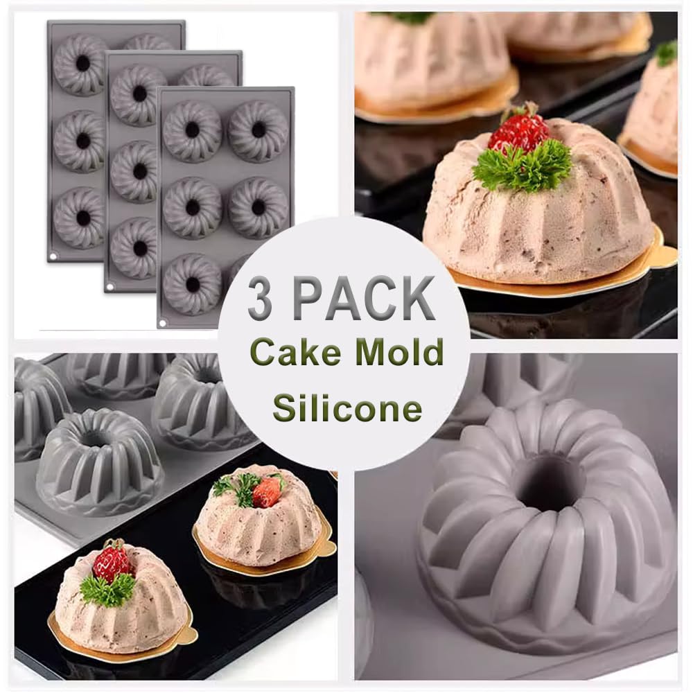 Elesinsoz 3Pcs Mini Bundt Cake Pan, 6-Cavity Thickened Silicone Donut Molds Nonstick Fluted Cake Pans For Baking, Mini Tube Cake