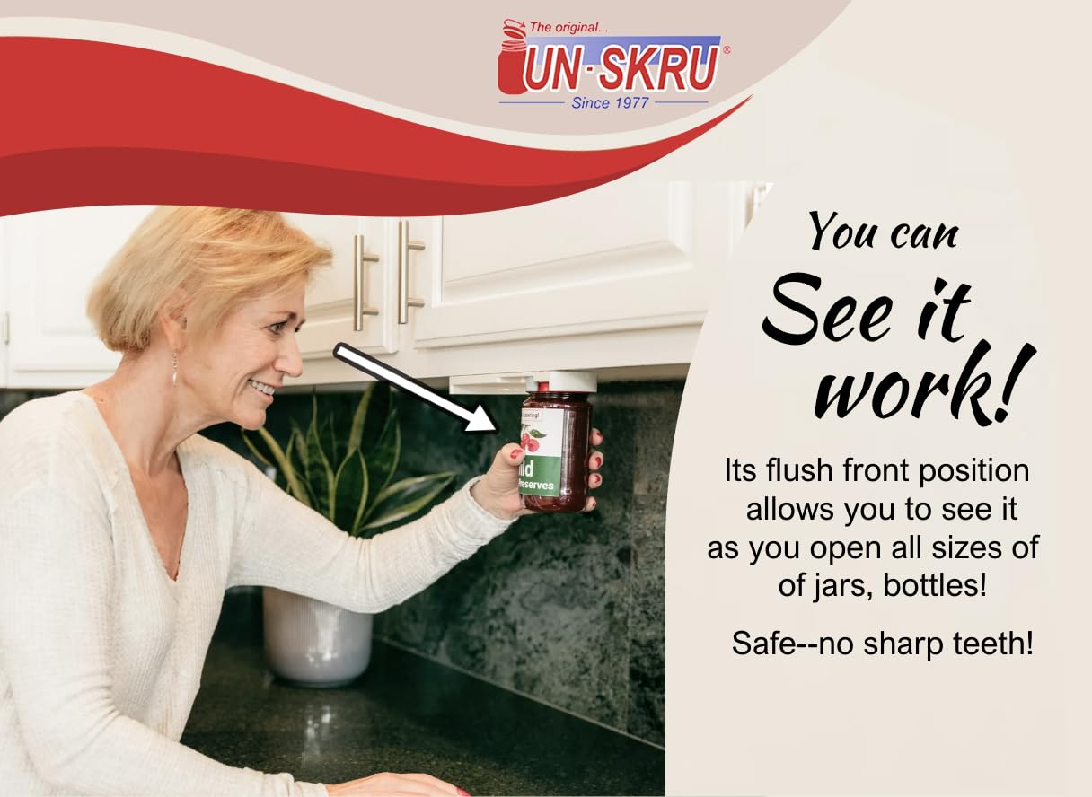 Un-Skru Jar Opener - Under Cabinet Bottle & Jar Lid Opener For Arthritis, Weak Hands, Seniors - One Handed, Easy Grip Universal