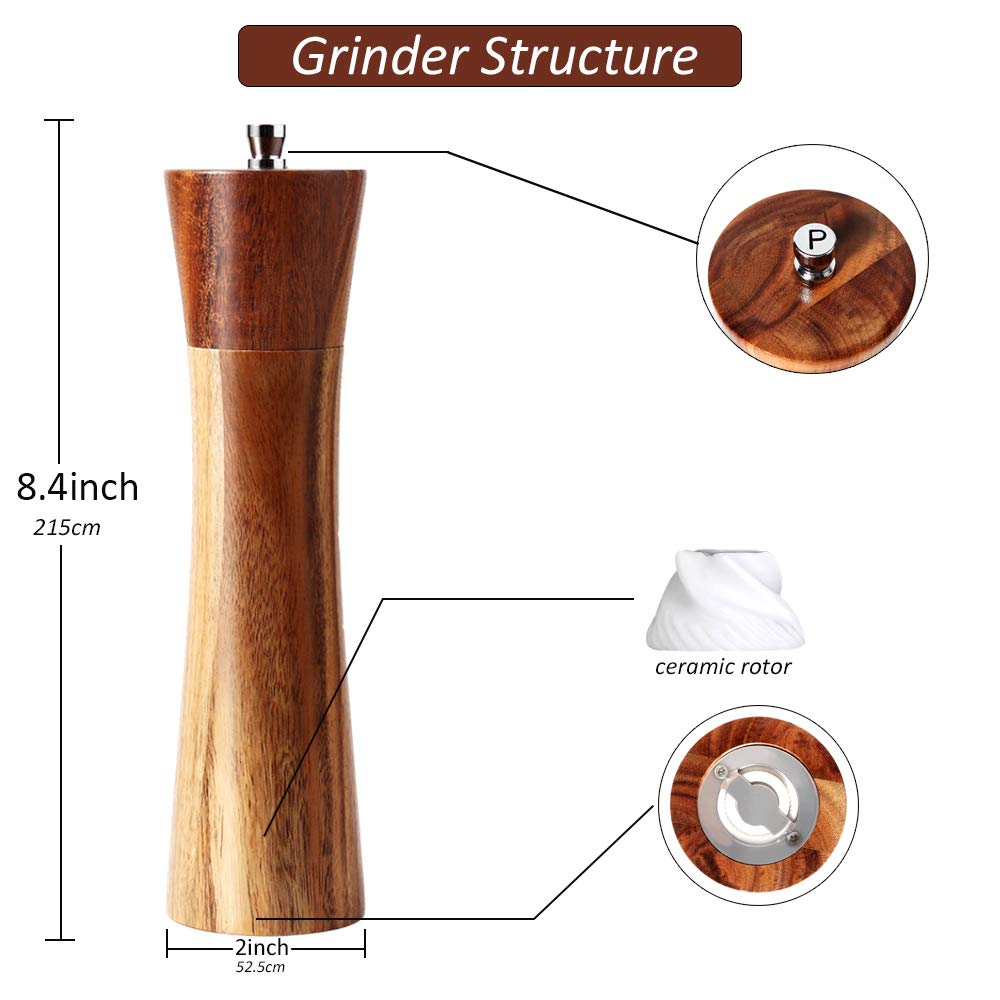 Ouktor Wooden Salt and Pepper Grinders Set, 8" Acacia Mills with Adjustable Coarseness, Ceramic Rotor, Wood Color
