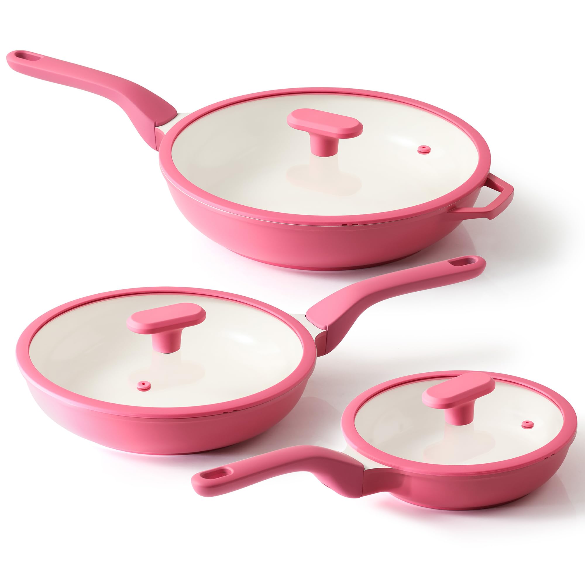 PRICUSIS 8Pcs Nonstick Ceramic Frying Pan Set with Lid, 8+10+12 Inch Induction Compatible, Stay Cool Handle, Fully Coated, 100% 