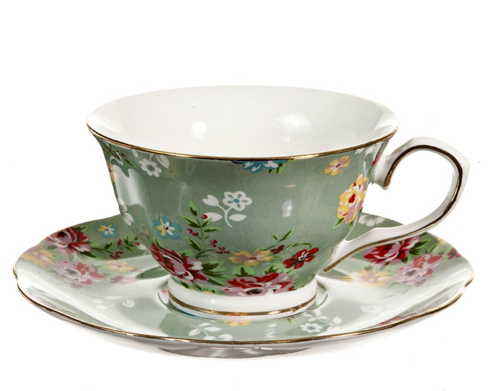 Gracie China Shabby Rose Porcelain 7-Ounce Tea Cup And Saucer Set Of 4, Shabby Rose Green