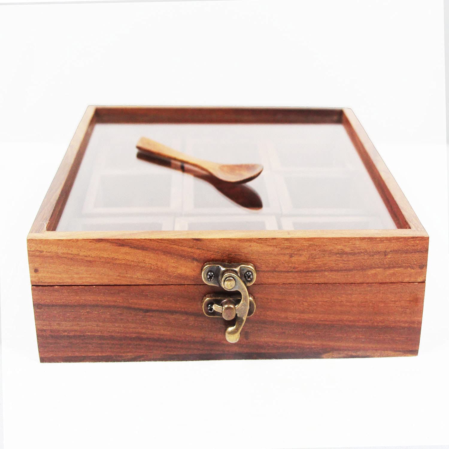 Iblay Handicraft Brown Designer Wooden Spice Box Kitchen & Dining Great 9 Spices Storage Boxes 8 X 8 X 2 Inch