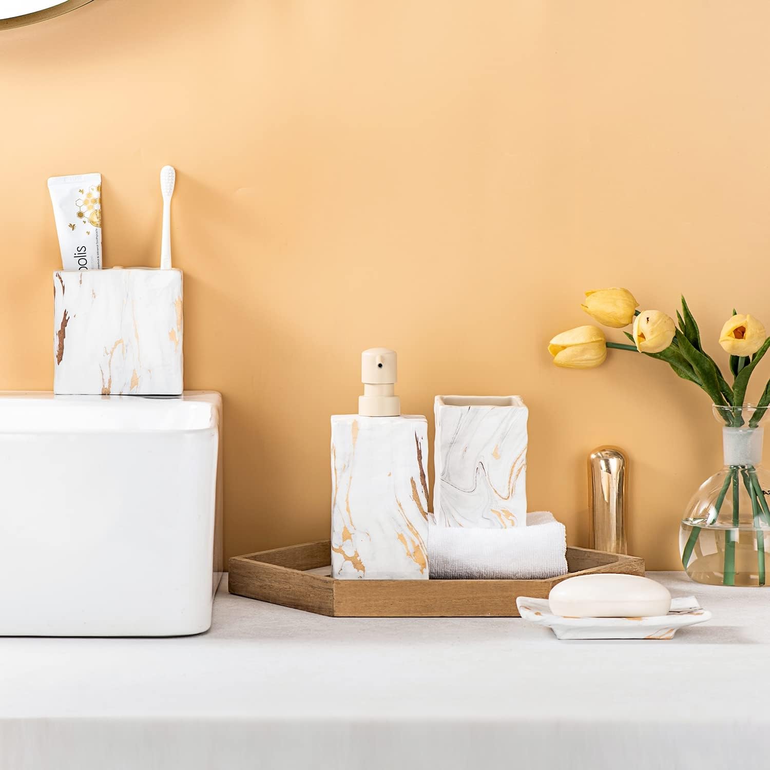 RQYIXI Ceramic Bathroom Accessory Set Complete 4 Pieces Retro Style Soap Dispenser & Toothbrush Holder Sets (Marble Gold)