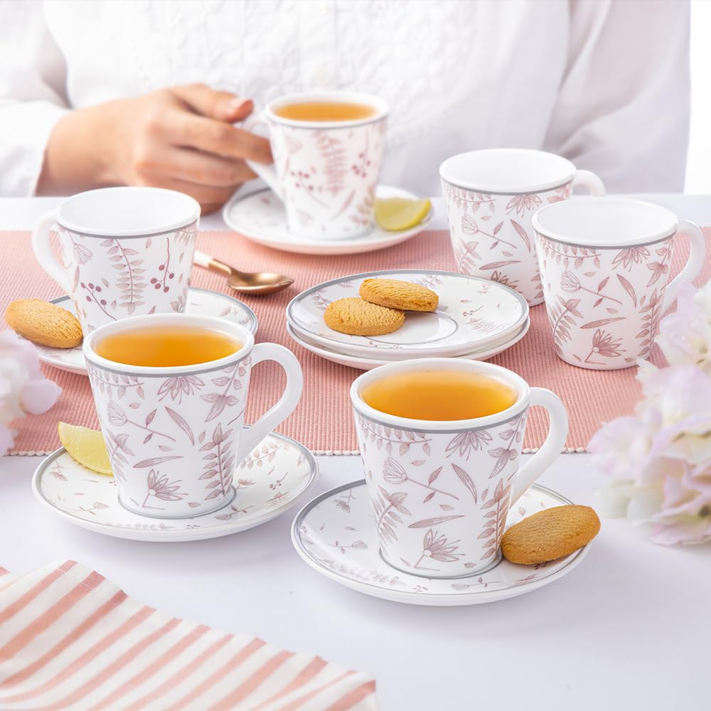 Larah By Borosil Premia Series Grandeur 12Pc Opalware Tea/Coffee Mug & Saucer Set (160 Ml Each) | Embossed Design, Microwave & D