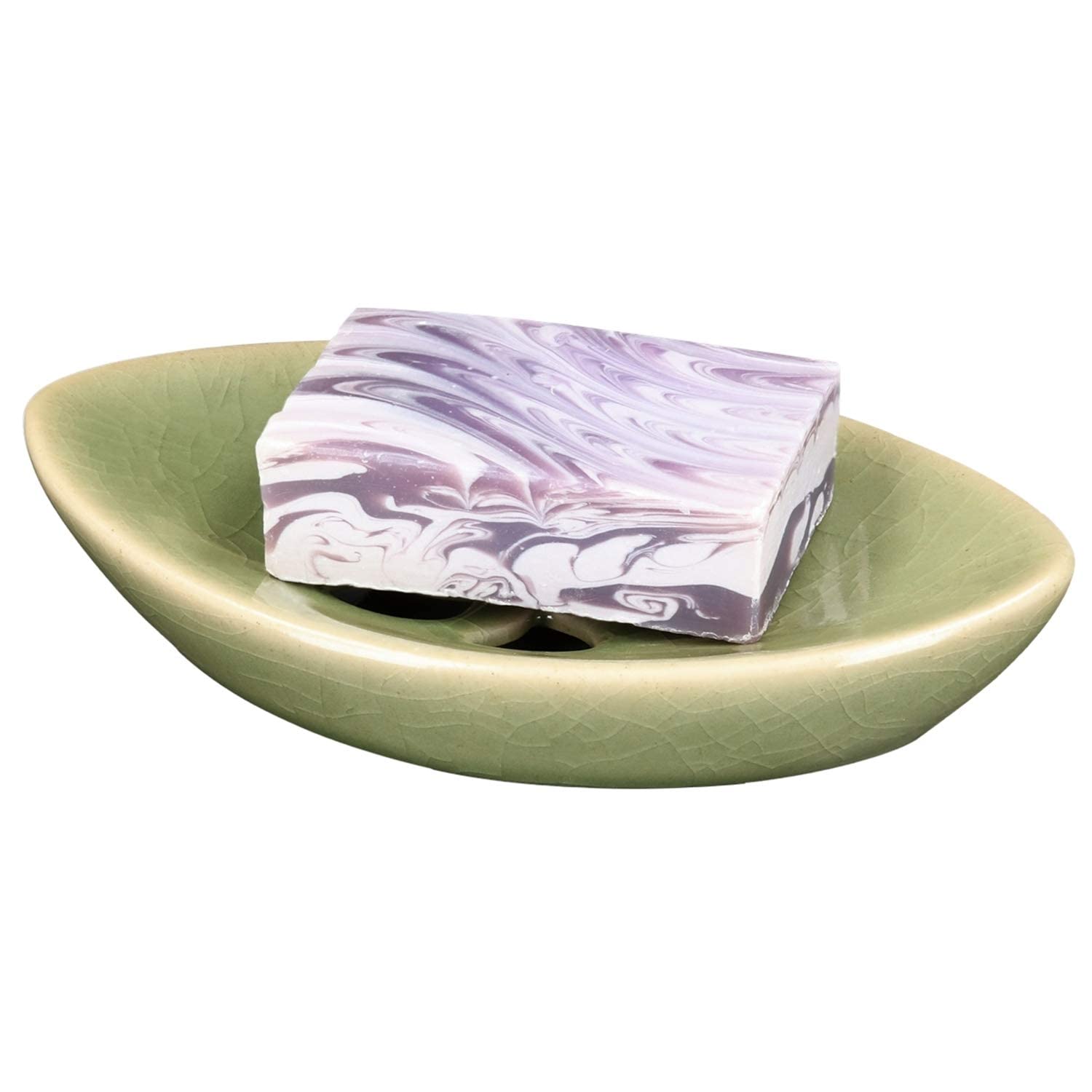 Lungmongkol Shop Ceramic Soap Dish With Self Draining Tray For Bar Soap, Bathroom, Kitchen (Green No.1)