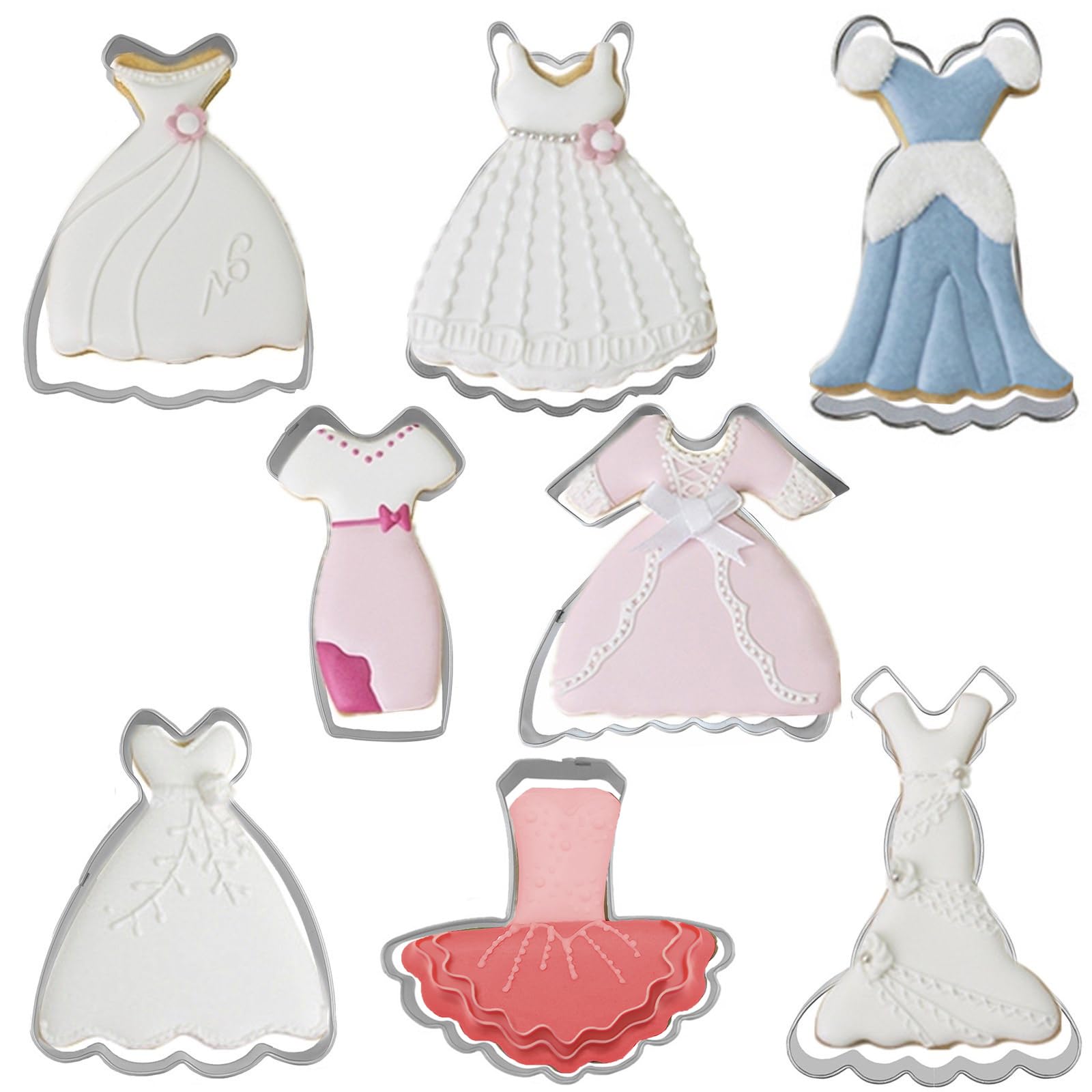 Dress Shaped Cookie Cutters Set Of 8 Pcs, Stainless Steel Wedding Dress Princess Dress Fondant Cutter Molds Baking Diy