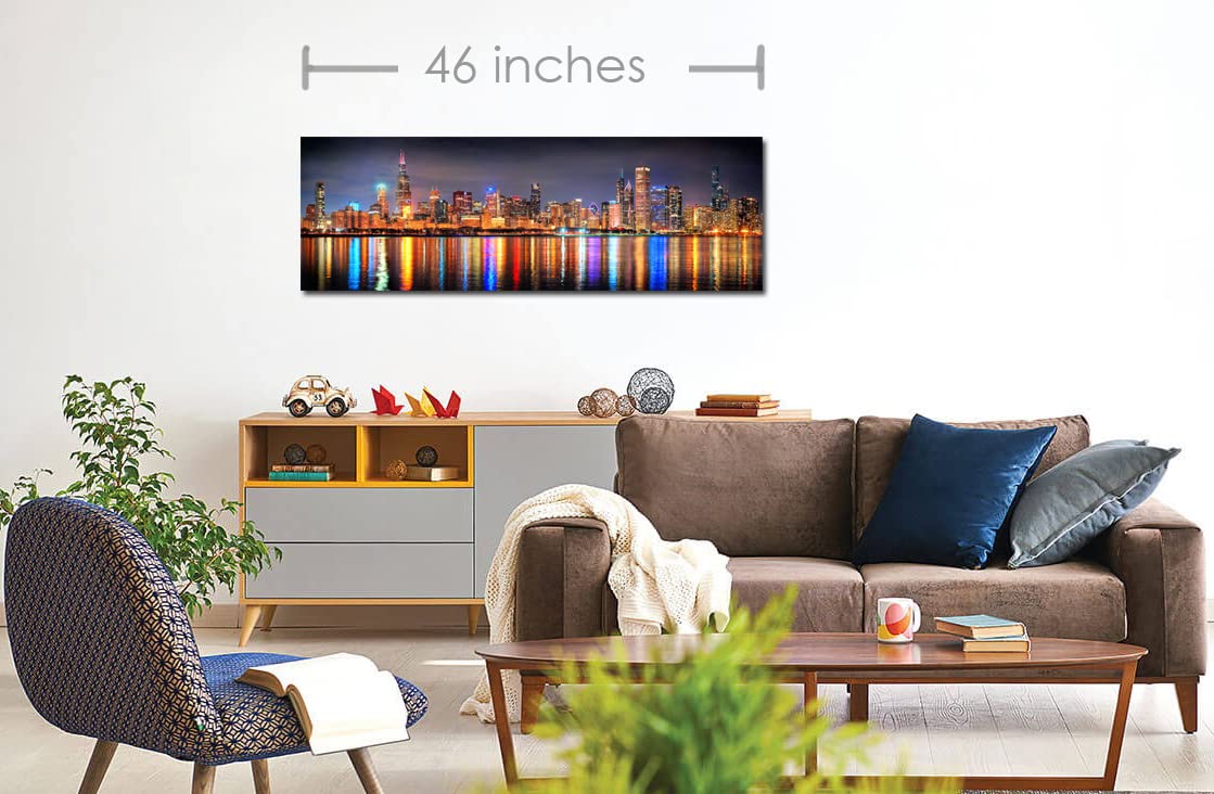 Photosbyjon Canvas Chicago Skyline 2022 Night Color 16 Inches X 46 Inches City Downtown Photographic Panorama Print Photo Pictur
