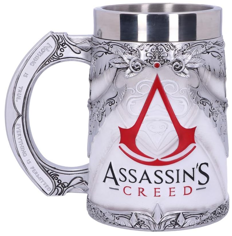 Nemesis Now Assassin's Creed Tankard - Hand-Painted Resin Beer Mug with Stainless Steel Insert, 15.5cm, White