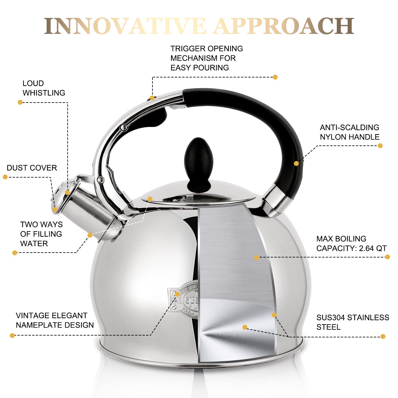 Susteas Stove Top Whistling Tea Kettle - Food Grade Stainless Steel Teakettle Teapot With Cool Touch Ergonomic Handle, With 1 Si