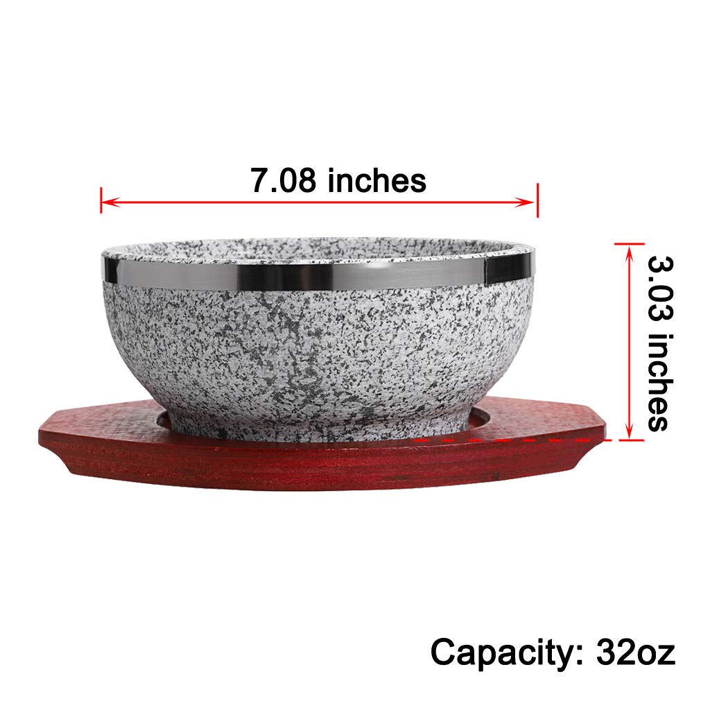 Mdluu 2 Pcs Dolsot Bibimbap Bowl 32 Oz, Granite Stone Bowl With Wood Base, Dolsot Pot For Korean Soup, Rice And Stew