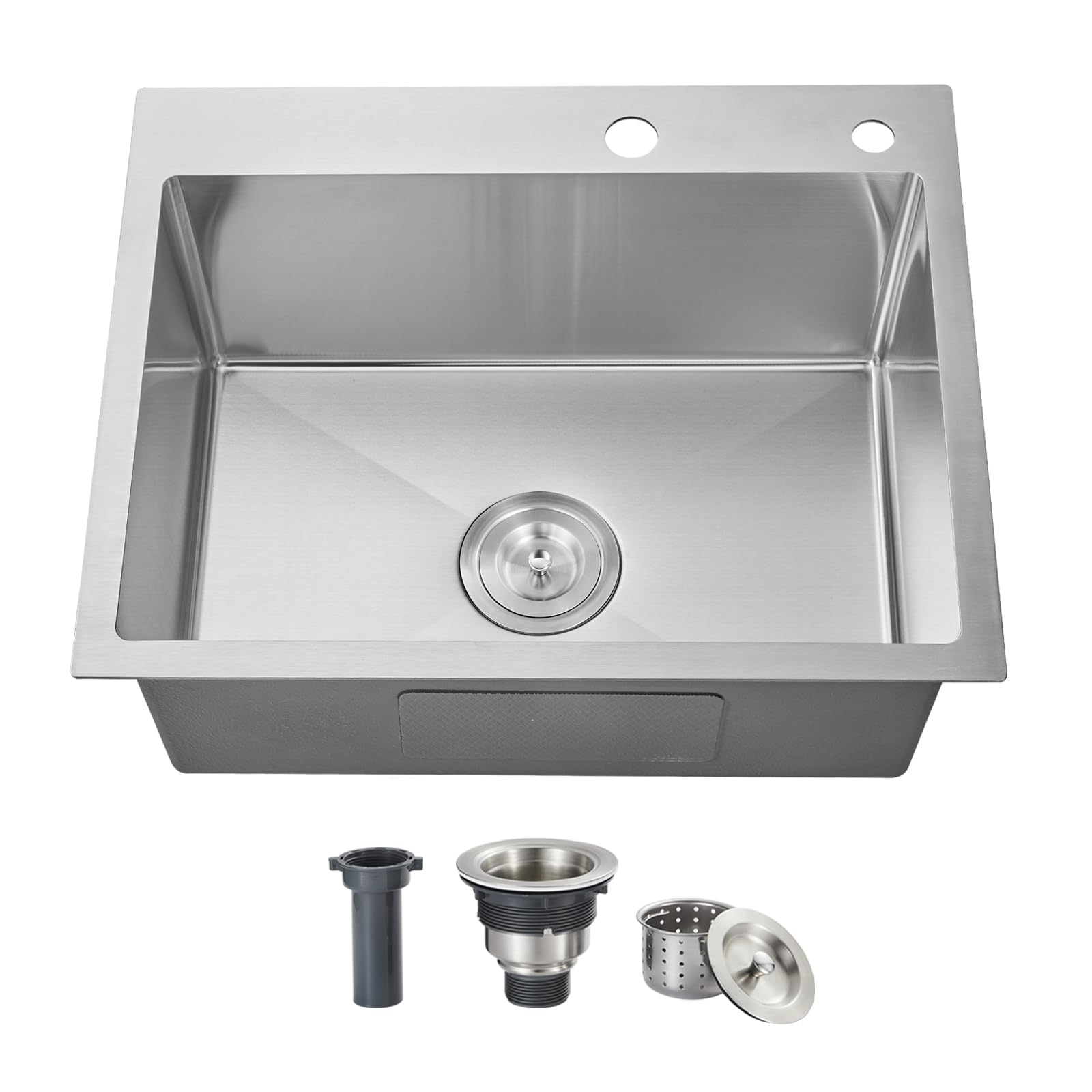 ROVOGO 24 x 18 inches Drop-in Kitchen Sink Single Bowl with 2 Holes  304 Stainless Steel Handmade Residential Sink with Drain Kit