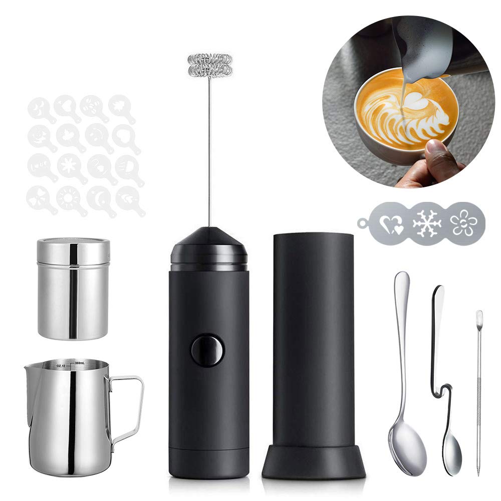 Milk Frother Handheld Coffee Art Set, Electric Coffee Frother With Milk Frother Pitcher, Powder Cocoa Shaker, Coffee Stencils, C