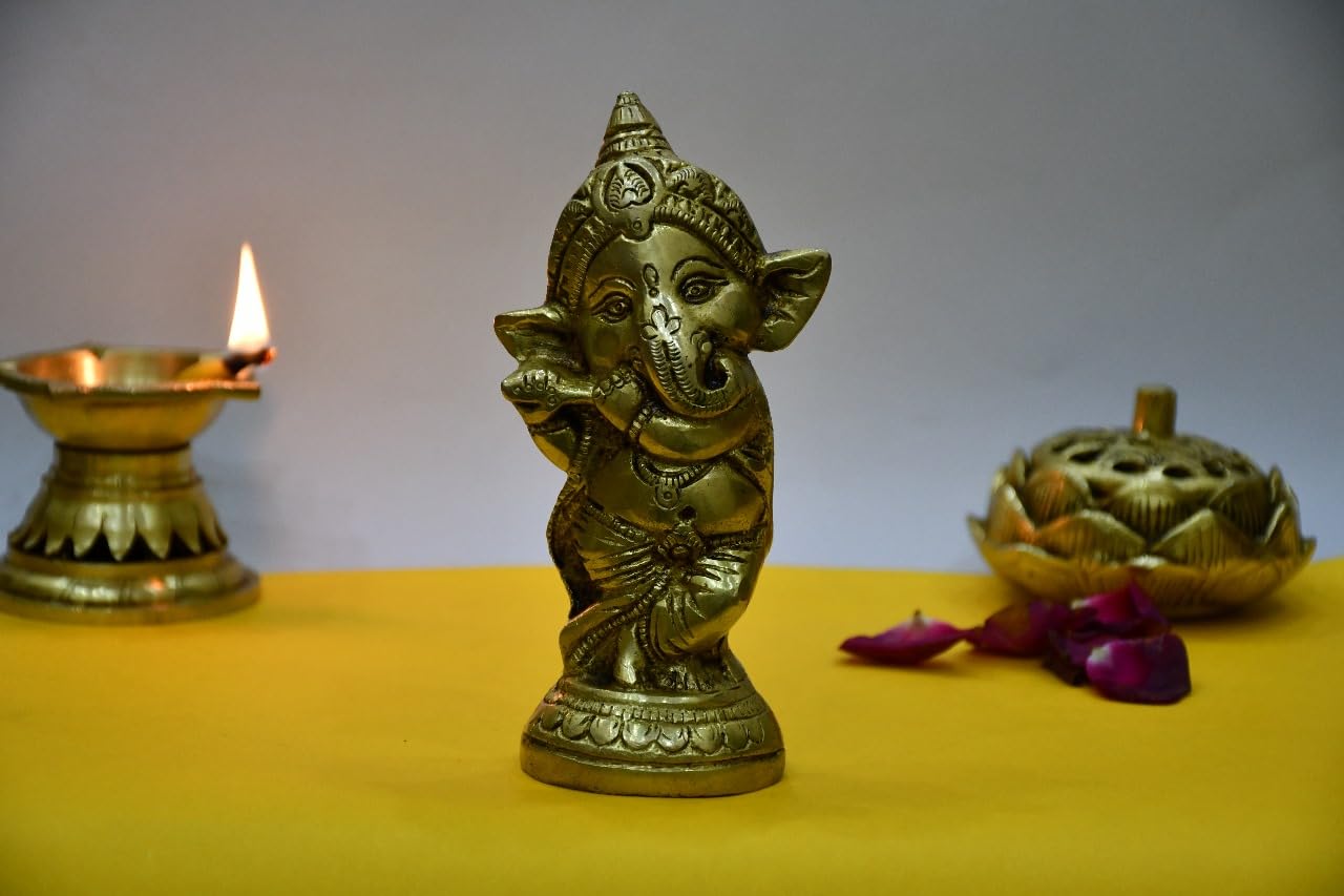 Brixus Brass Ganesh Idol, 14 Cm, Baby Ganesha Playing Flute, Standing Position Statue