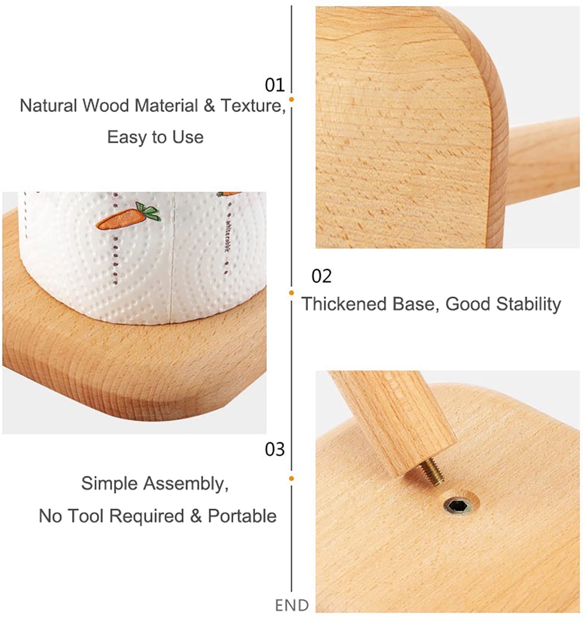 Huajie Bienstylife Paper Towel Holder, Wooden Base Kitchen Paper Hanger Rack Bathroom Towel Roll Stand Organizer Countertop Wood