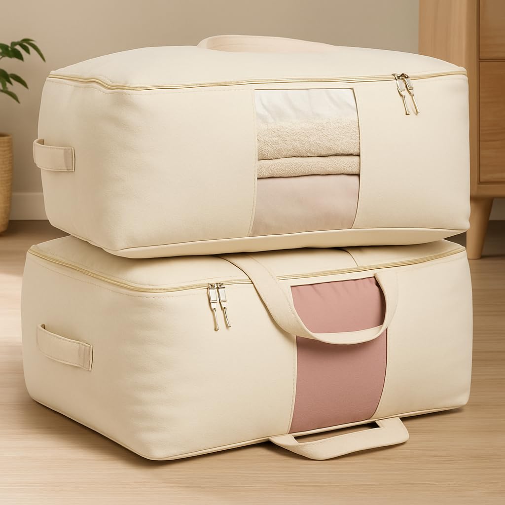 Blendmix Xl Canvas Storage Bags With Zipper, 4 Handles & Window, Size 25X19X9 Inches. Ideal For Blankets, Sarees, Lehengas & Mor