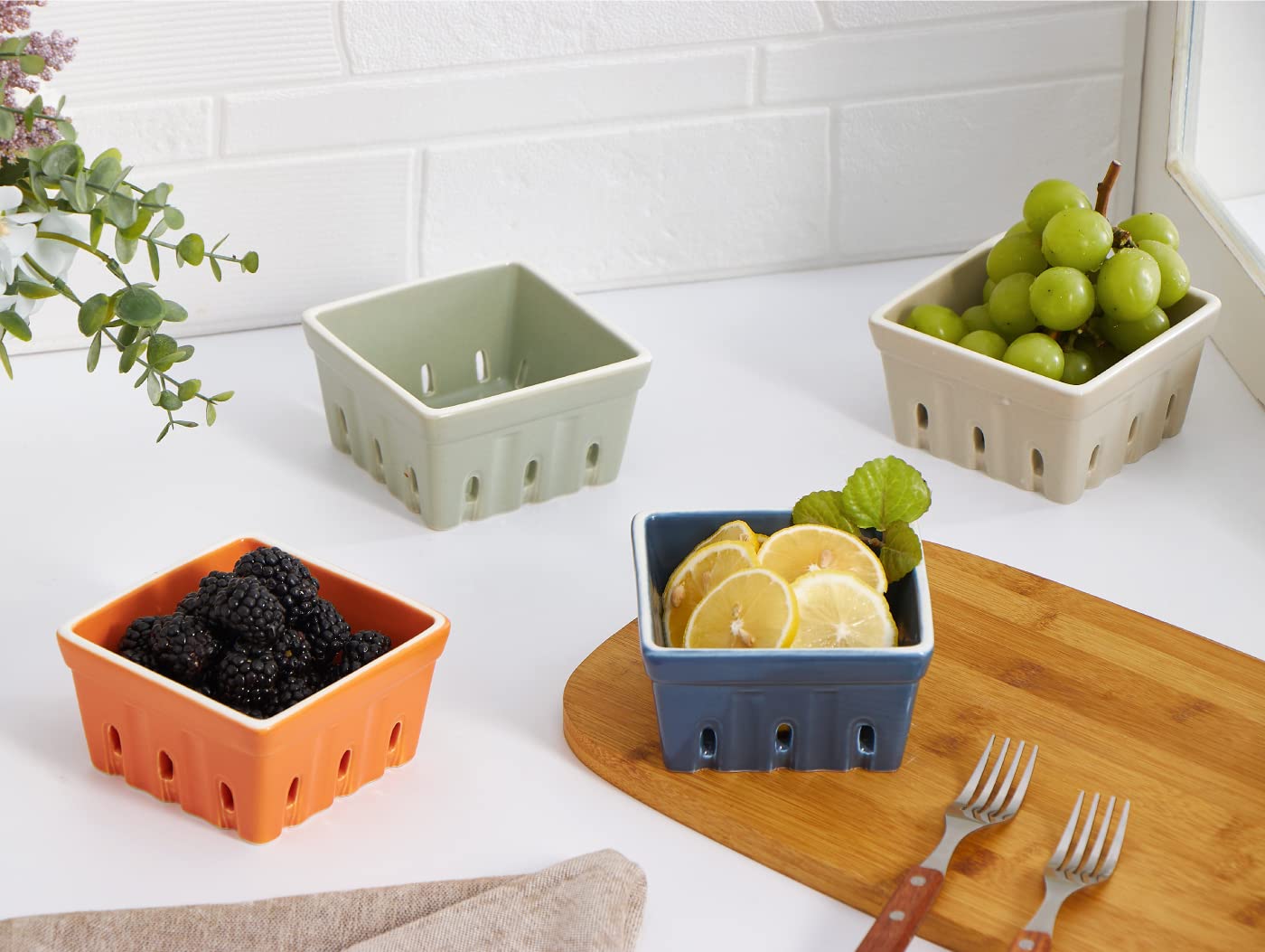 ONEMORE Ceramic Berry Basket  Rustic Stoneware Berry Bowls Colander  Square Fruit Bowls for Kitchen D?cor Set of 4  Assorted Color
