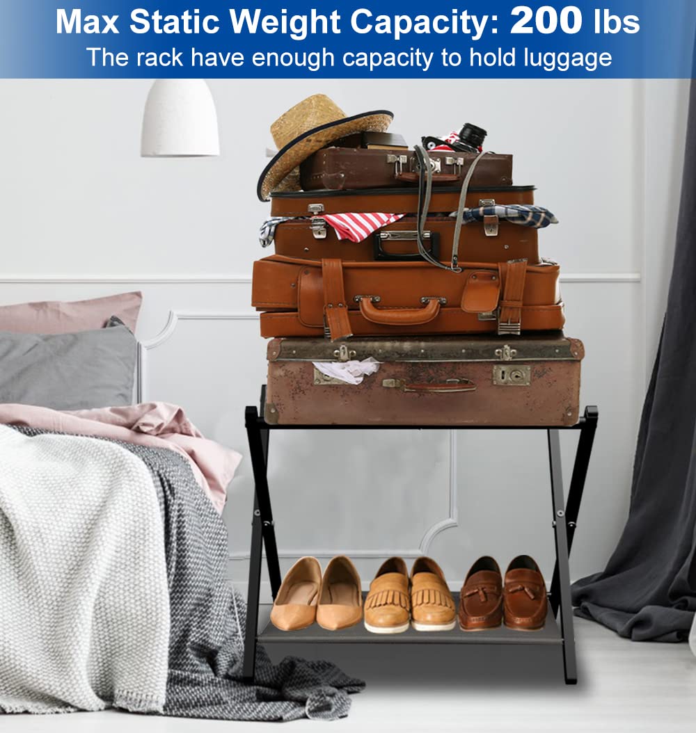 Queension Folding Luggage Rack Stand With Shelf For Guest Room, Foldable Metal Suitcase Storage Caddy Holder For Bedroom Hotel E