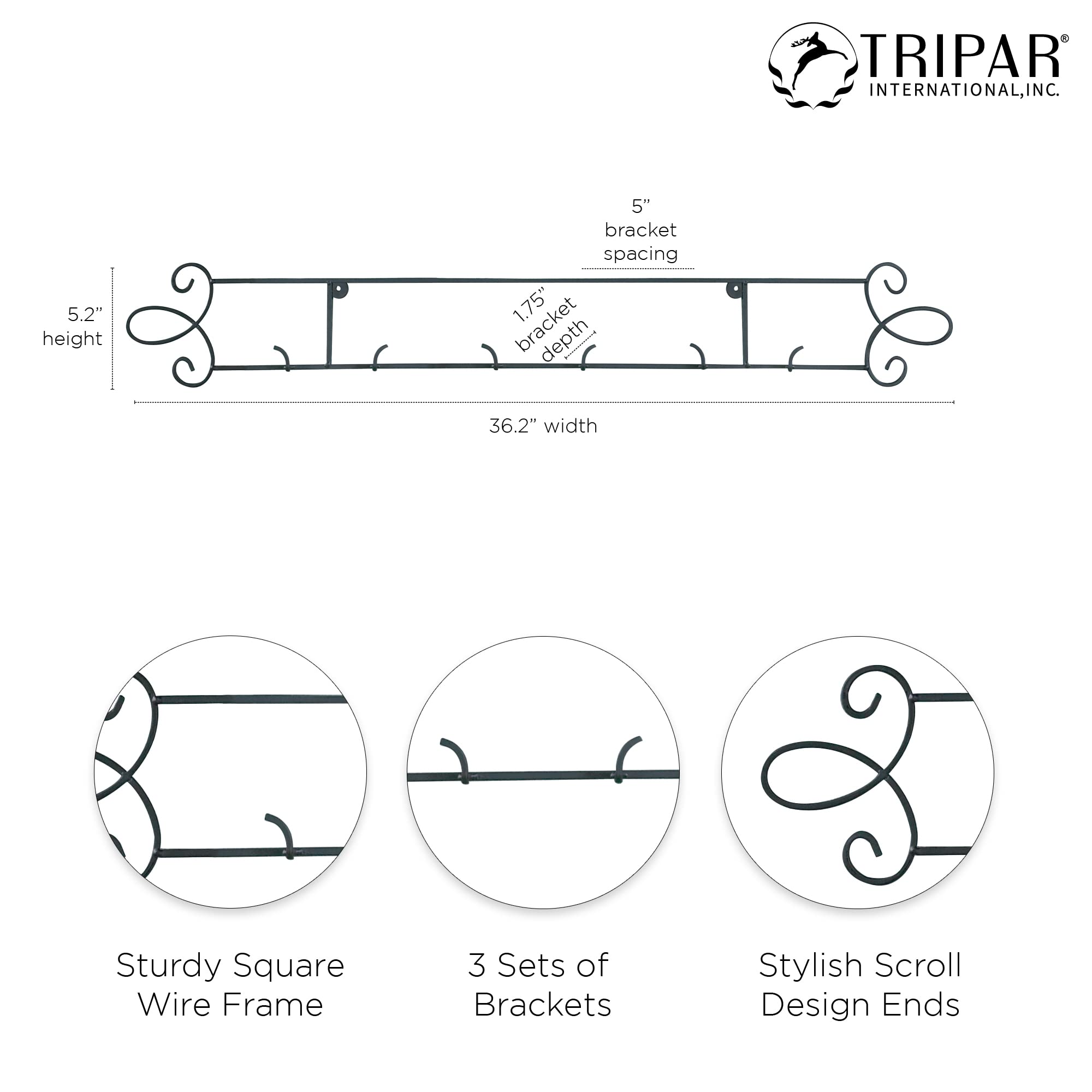Tripar Horizontal Plate Rack, Black Display (3 Place) - Durable & Sturdy Metal Finish With Scroll Designs - Beautifully Showcase