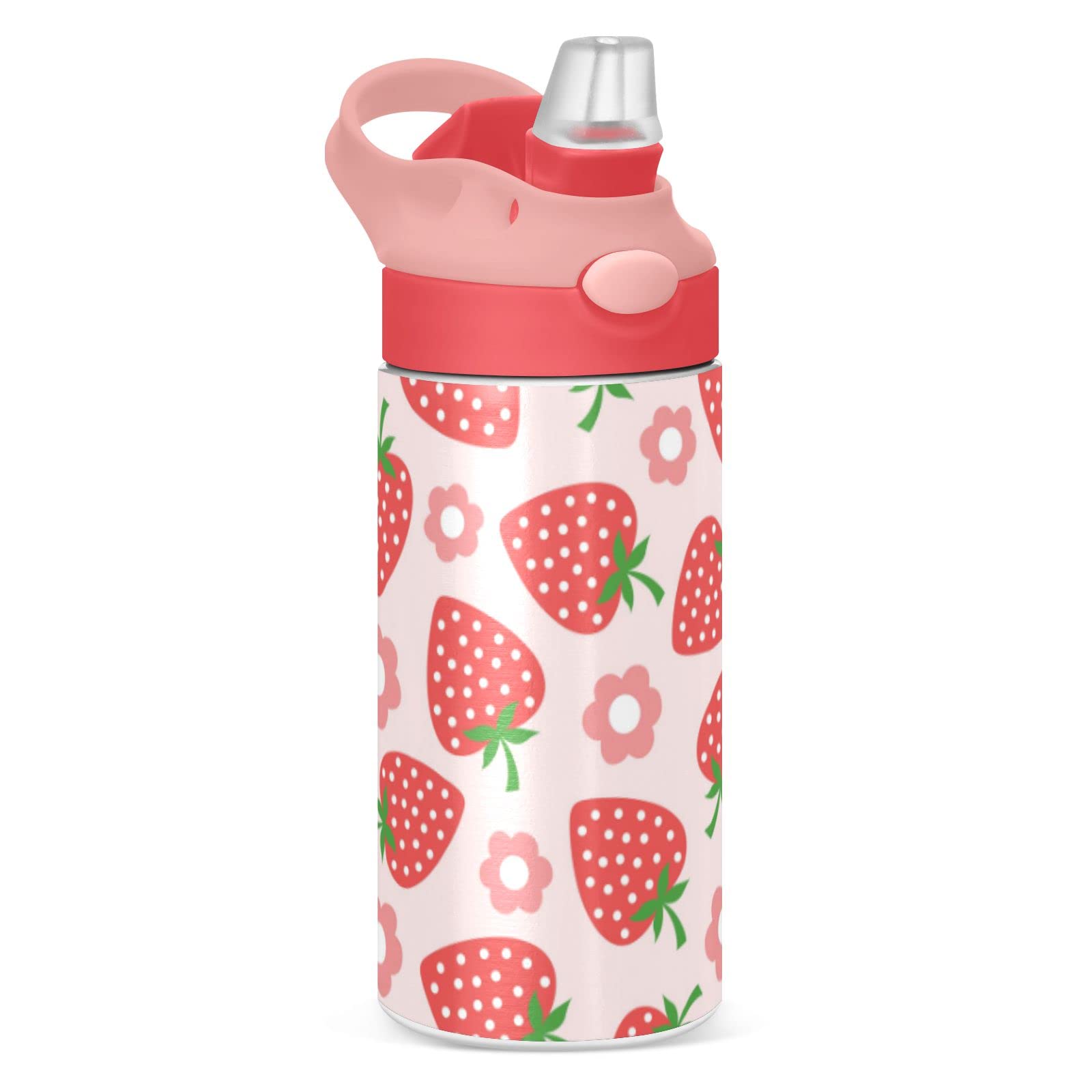 Children Insulated Water Bottles With Straw For School Kids Strawberry Cute Pink Stainless Steel Vacuum Double Wall Keeps Hot An
