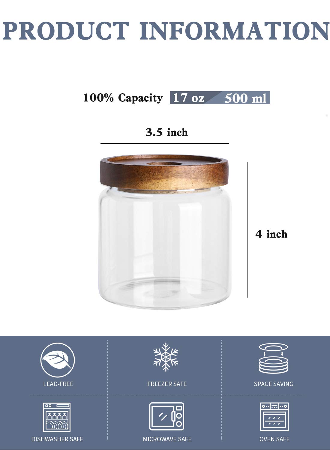 Kanwone Glass Storage Jars Set Of 6, 17 Ounce Airtight Food Storage Containers With Bamboo Lids, Clear Glass Canisters For Pantr