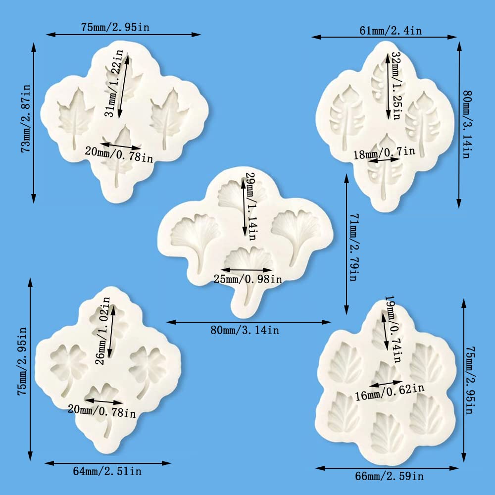 Cestony 5 Pcs Multi Cavity Mini Ginkgo Leaf Maple Leaf Turtle Back Leaf Clover Silicone Molds For Diy Cake Fondant Biscuit Cooki