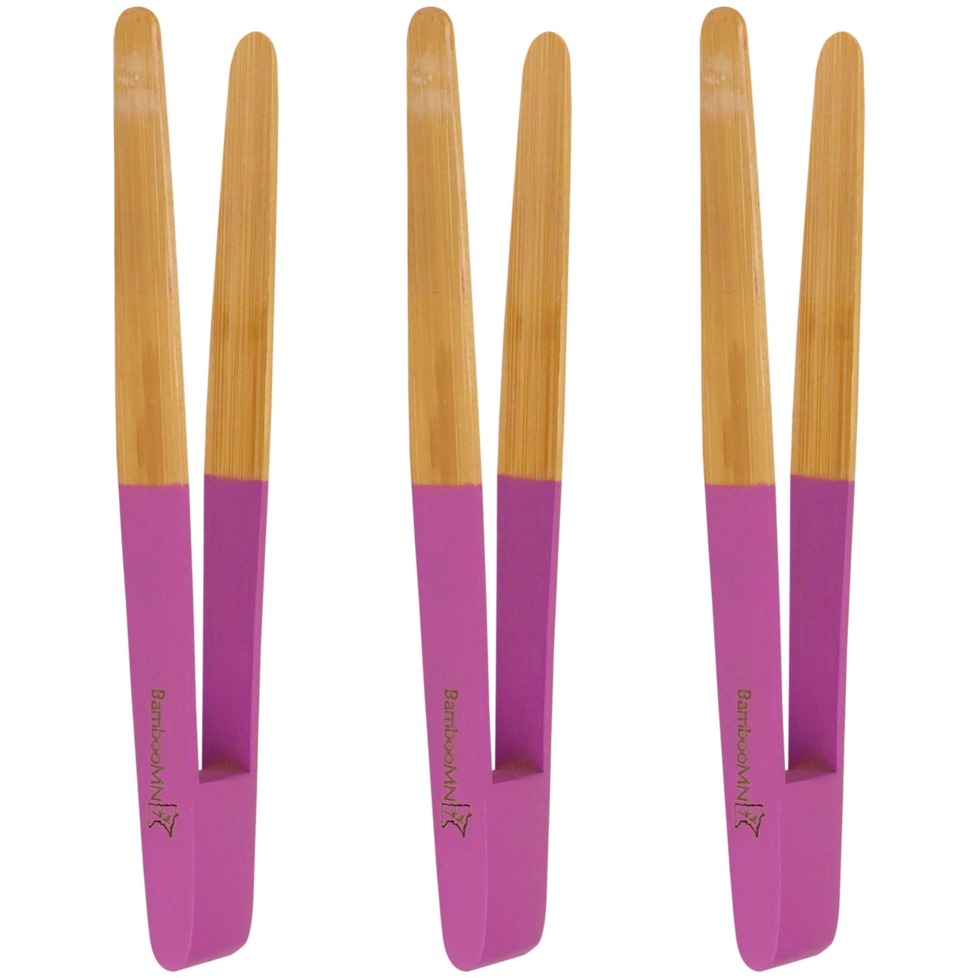Bamboomn Premium 7.9'' Reusable Bamboo Kitchen ''A'' Toast Tongs For Cooking & Holding - Purple - 3 Pieces